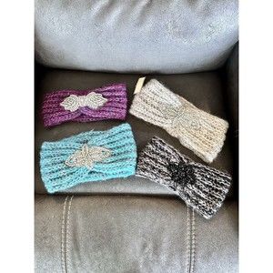 Set Of 4 Mohair Headbands With Rhinestone Pendants NWT Black~ Gray~Teal~Fuscia